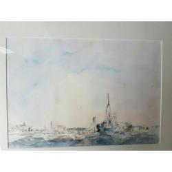 Aquarel Joan Vismans zee en havengezicht