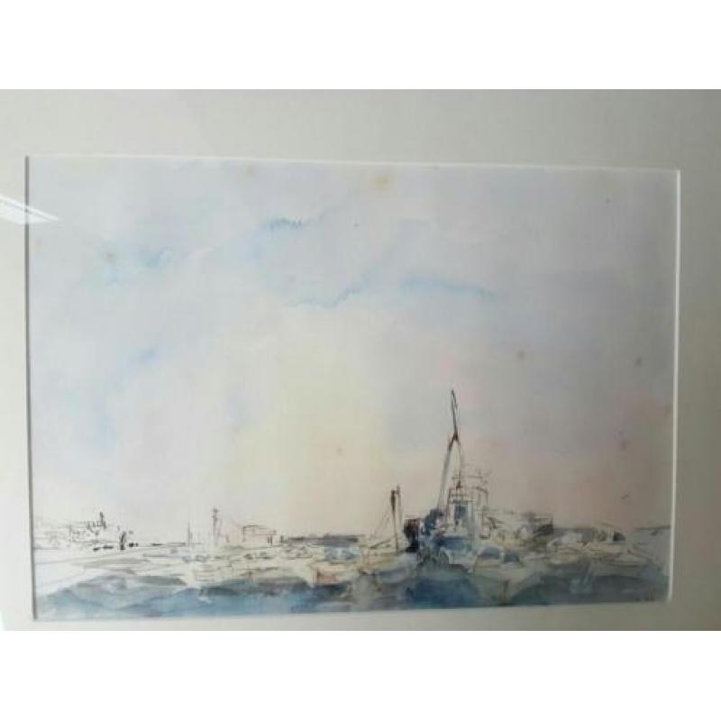 Aquarel Joan Vismans zee en havengezicht