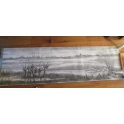 originele houtskool tekening 2.60 m lang 75 cm hoog rivier