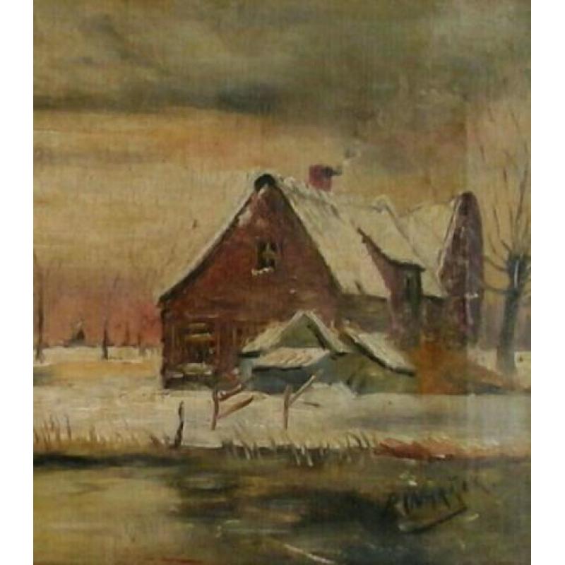 Oud hollands winterlandschap met molen en huisje aan water