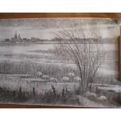 originele houtskool tekening 2.60 m lang 75 cm hoog rivier