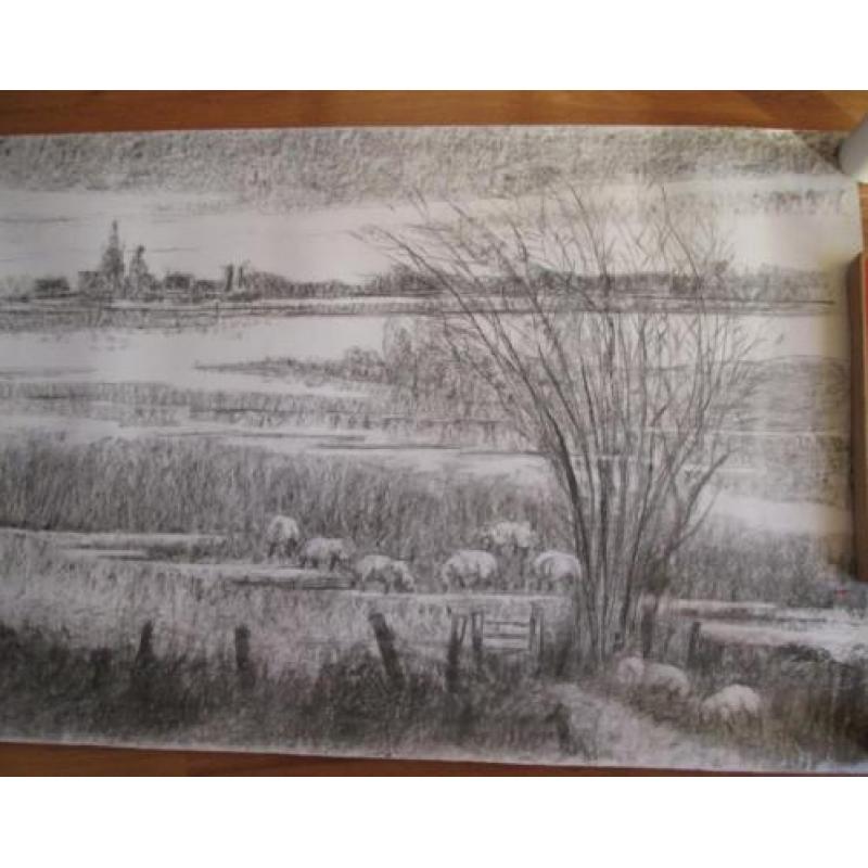 originele houtskool tekening 2.60 m lang 75 cm hoog rivier