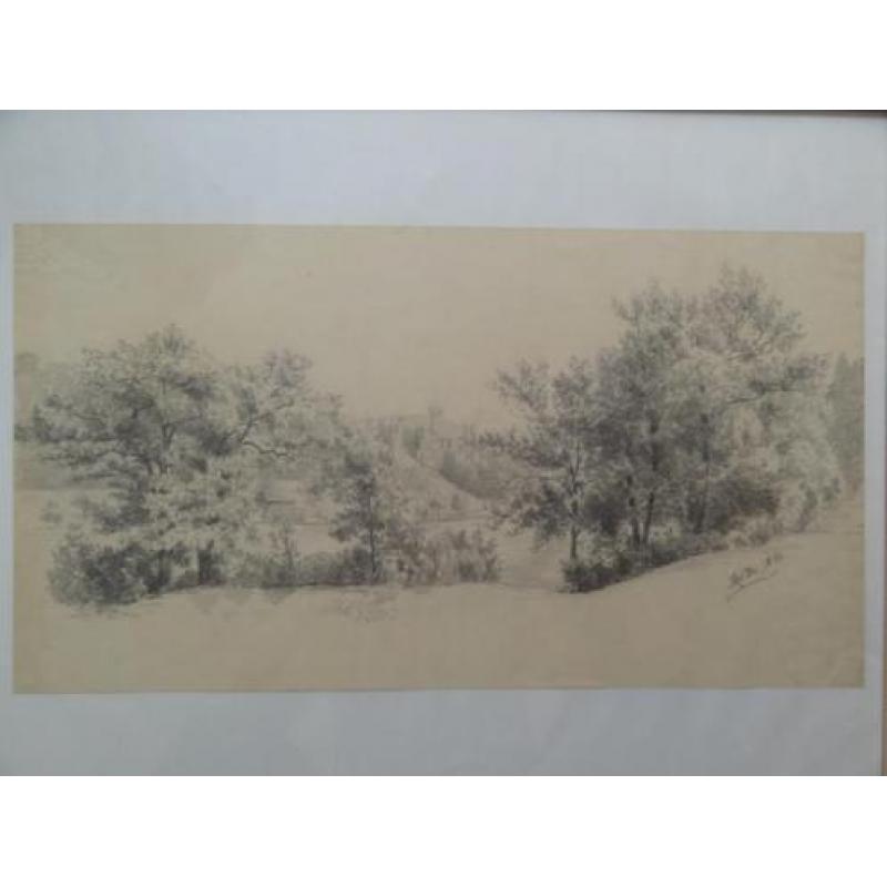 Potloodtekening landschap met bomen beekje Anna Willi 1891