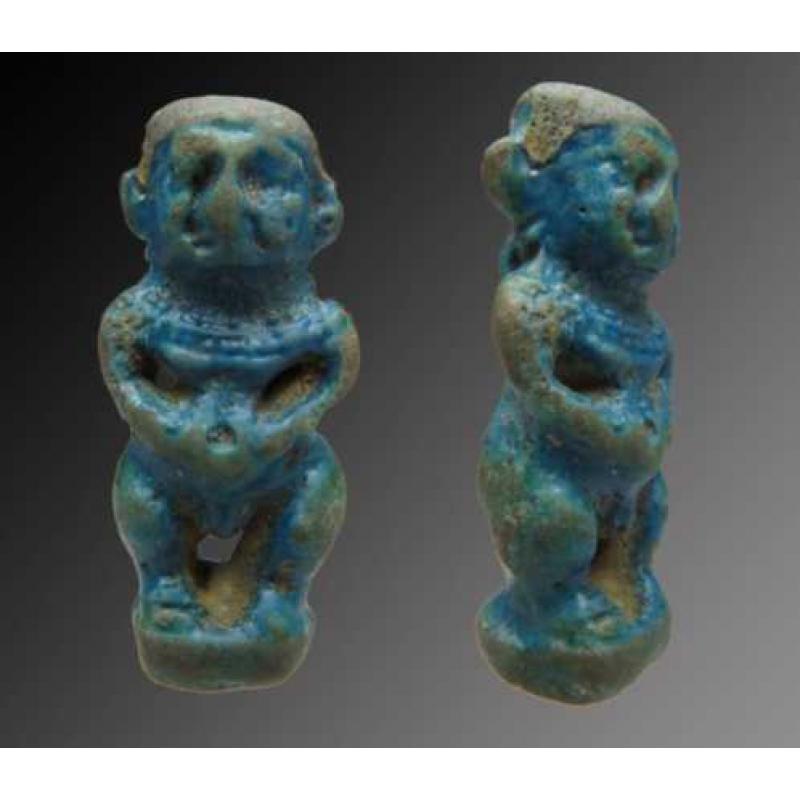 Egyptian faience amulet of Pataikos with necklace