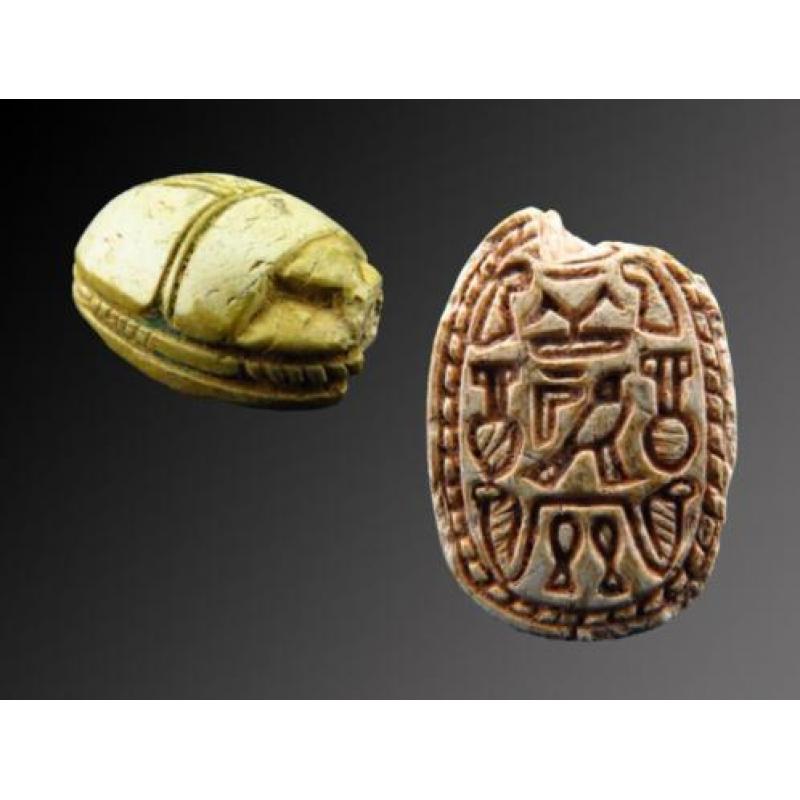 Egyptian steatite scarab with decorations of Hathor, Justice