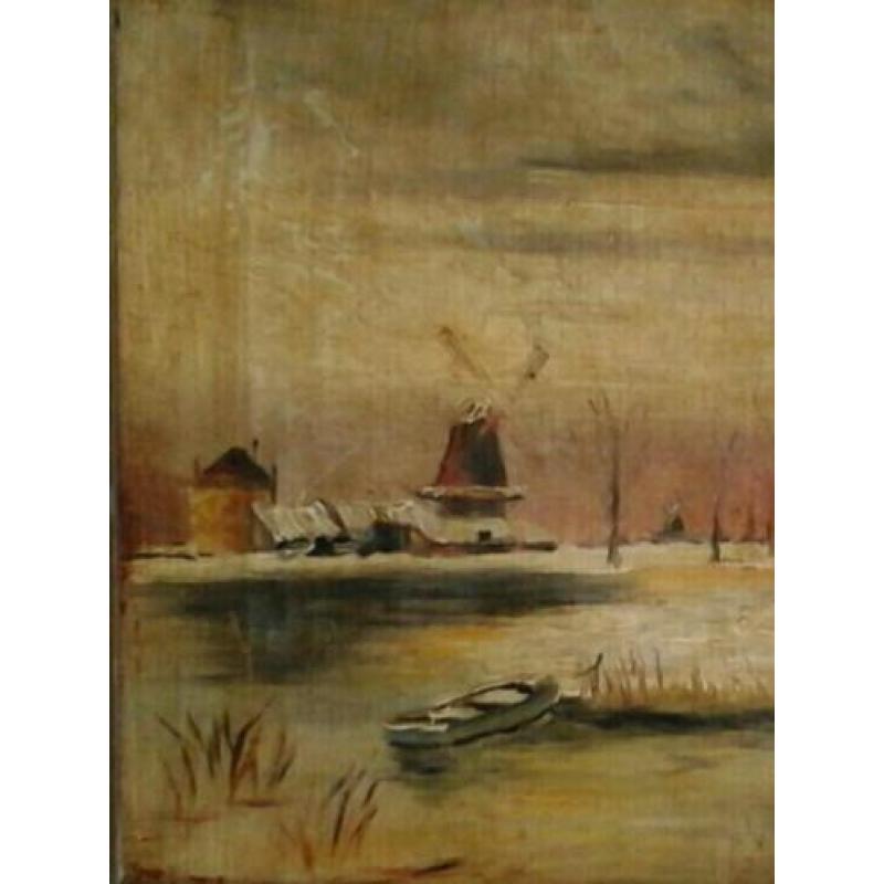 Oud hollands winterlandschap met molen en huisje aan water