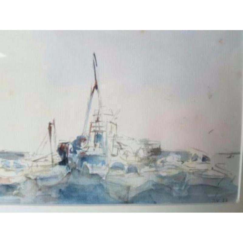 Aquarel Joan Vismans zee en havengezicht