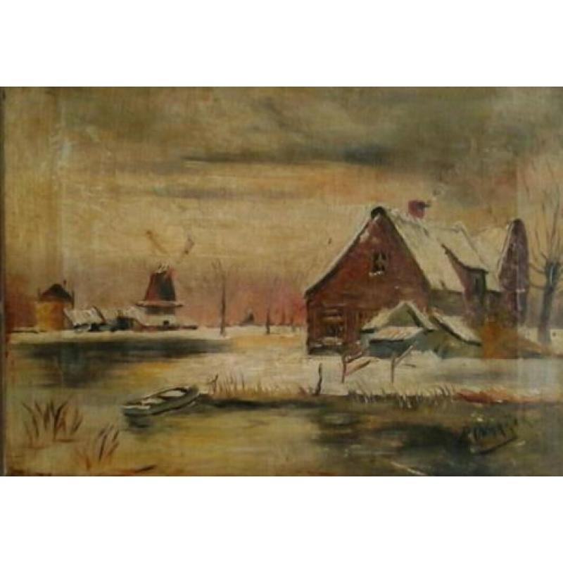 Oud hollands winterlandschap met molen en huisje aan water