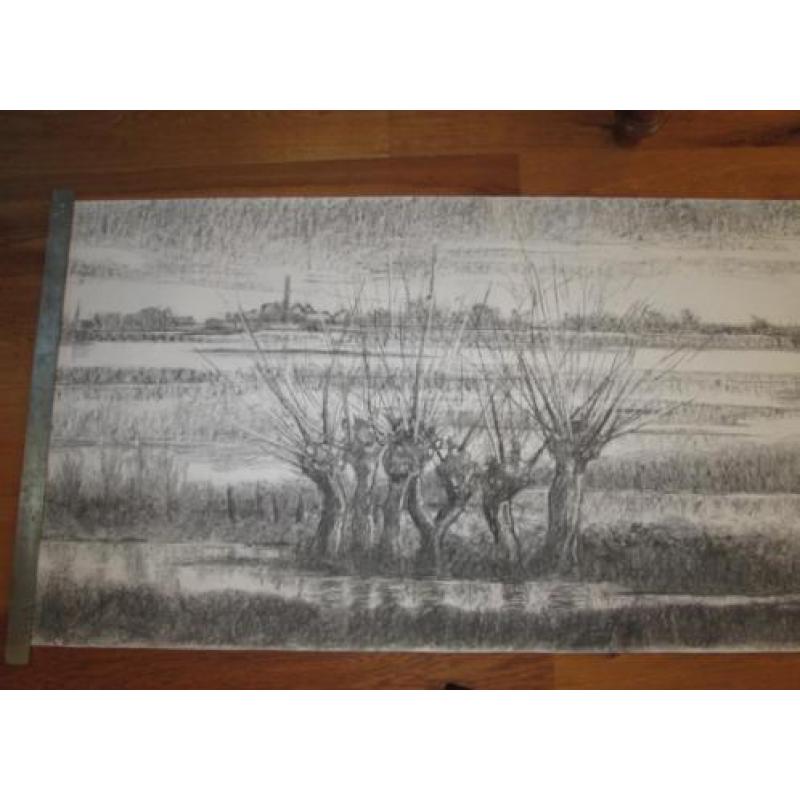 originele houtskool tekening 2.60 m lang 75 cm hoog rivier