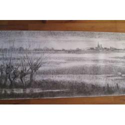 originele houtskool tekening 2.60 m lang 75 cm hoog rivier