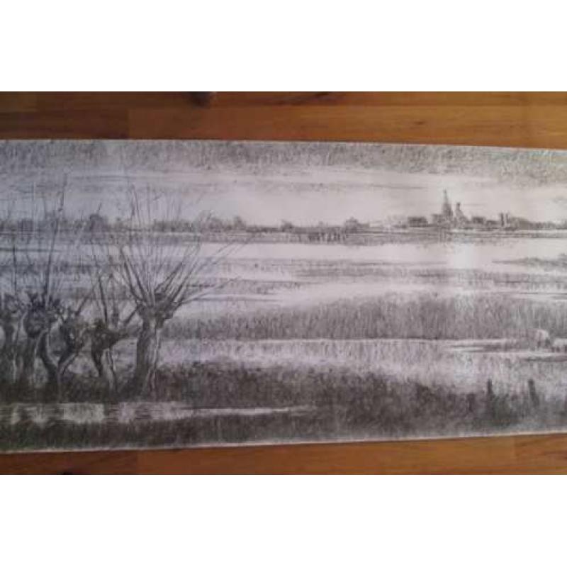 originele houtskool tekening 2.60 m lang 75 cm hoog rivier